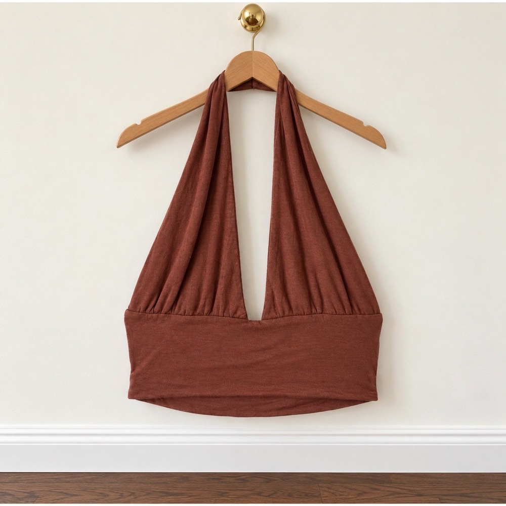 Cotton On Brown Halter Neck Plunge Crop Top Small Terracotta Stretch 2054332
